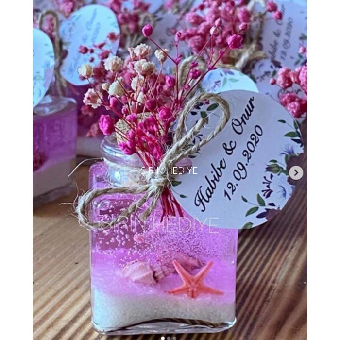 Doğal Çiçekli Kare Şişede Pembe Renk Deniz Yıldızlı Nikah Nişan Jel Mum Hediyelik