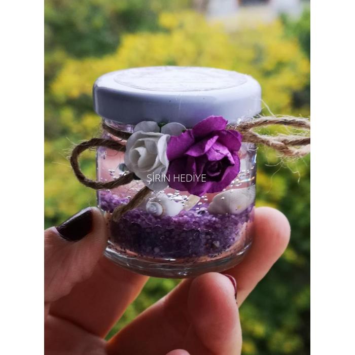 Kavanozda Çiçekli Jel Mum Hediyelikleri Mor Renk