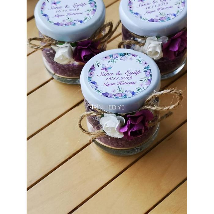 Kavanozda Çiçekli Jel Mum Hediyelikleri Mor Renk