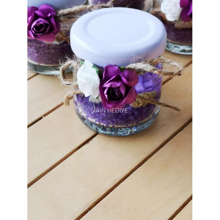Kavanozda Çiçekli Jel Mum Hediyelikleri Mor Renk