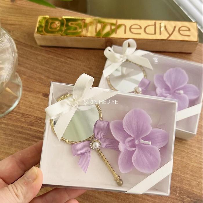 Kişiye Özel El Aynası Mor Orkide Mum Hediye Seti