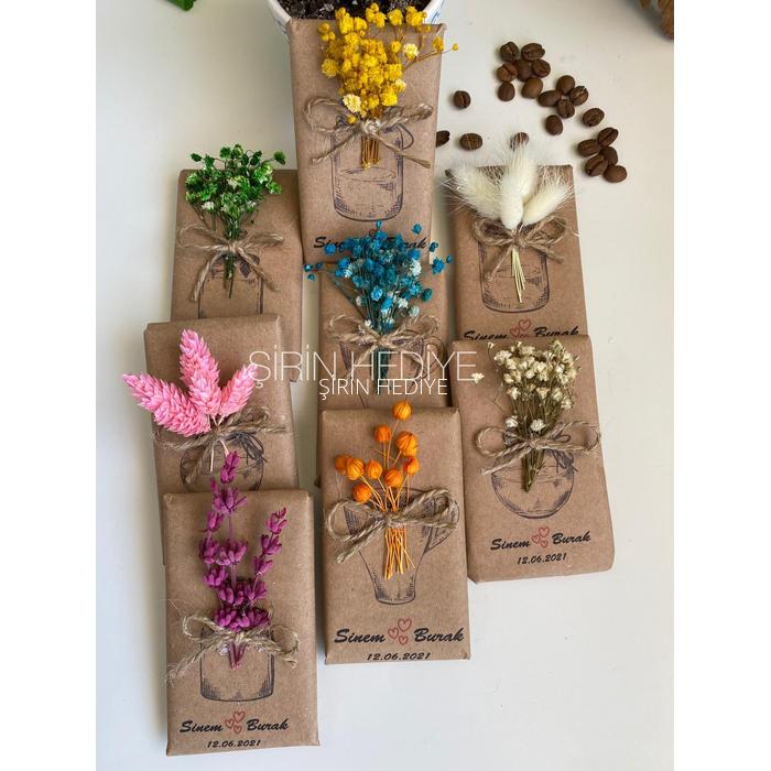 Kraft Kağıda Sarılı Doğal Çiçekli Büyük Boy Çikolata Hediyelikleri