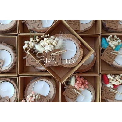 Kutuda Doğal Çiçekli Kütük Mumluk Hediyelik