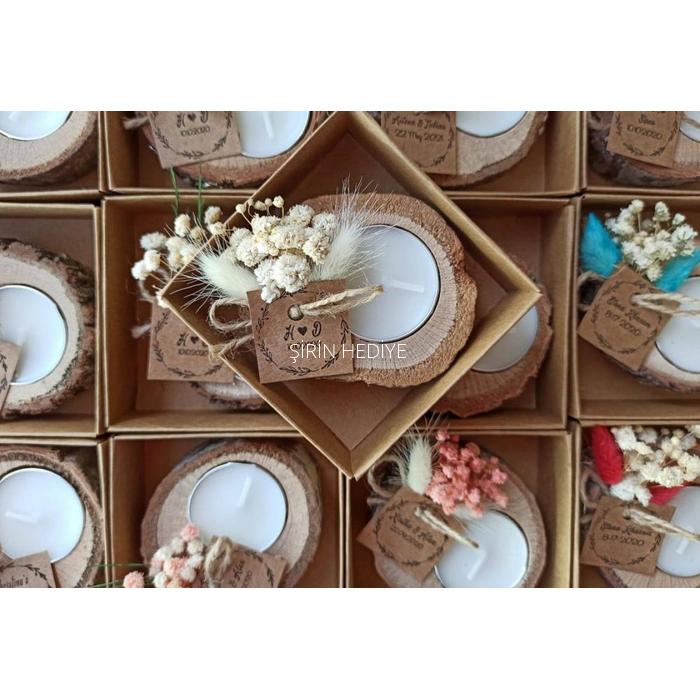 Kutuda Doğal Çiçekli Kütük Mumluk Hediyelik