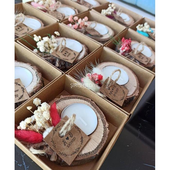 Kutuda Doğal Çiçekli Kütük Mumluk Hediyelik