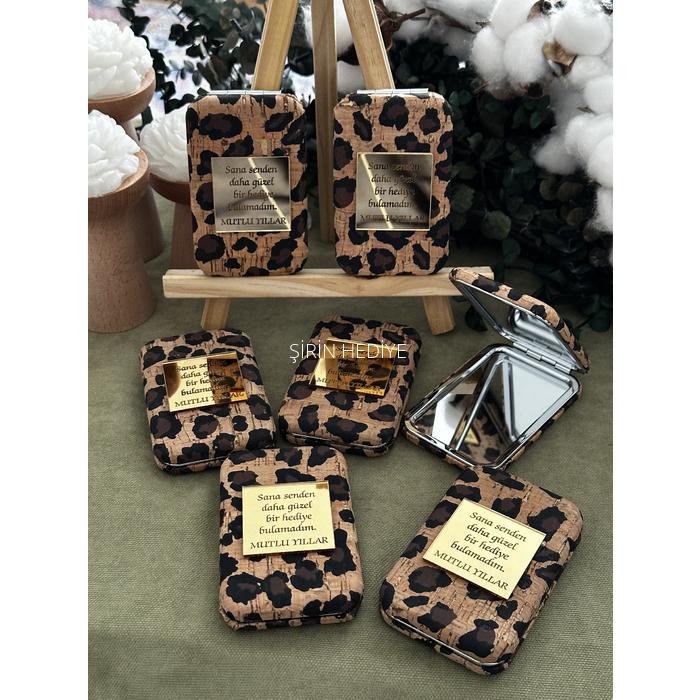 Leopar Desenli Pleksi İsme Özel  Dikdörtgen El Aynası