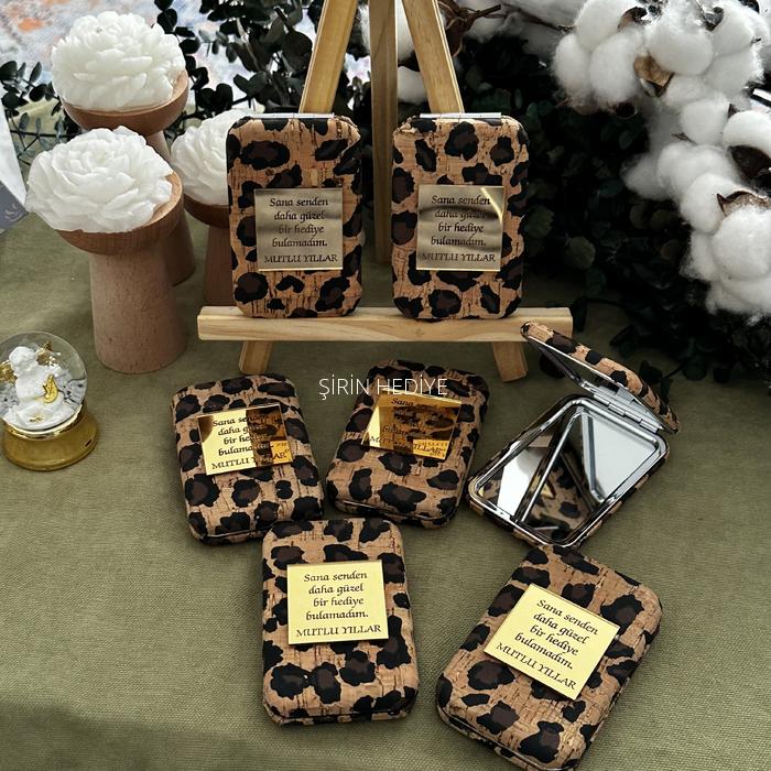 Leopar Desenli Pleksi İsme Özel  Dikdörtgen El Aynası