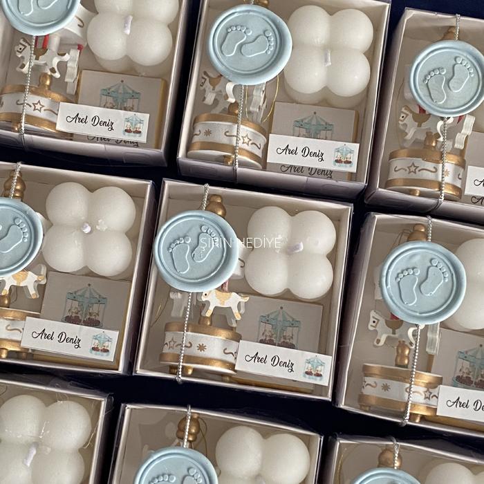 Mavi Ahşap Atlı Karınca Mum Çikolata Hediye Kutusu