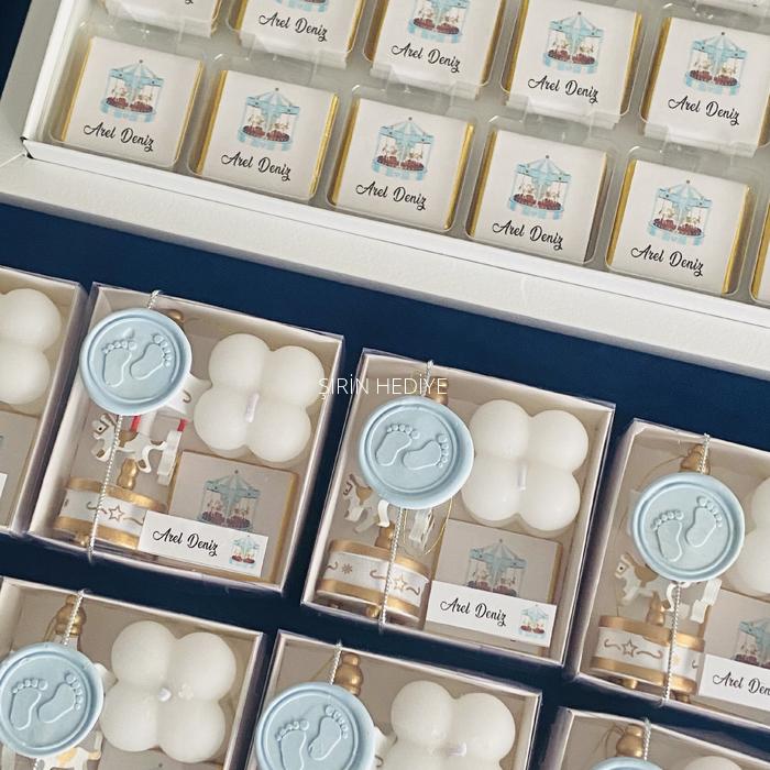 Mavi Ahşap Atlı Karınca Mum Çikolata Hediye Kutusu