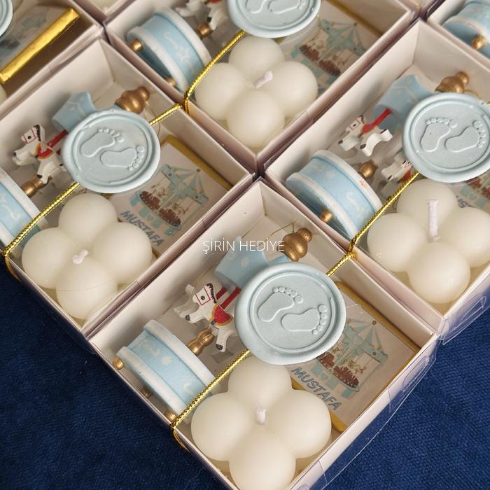 Mavi Ahşap Atlı Karınca Mum Çikolata Hediye Kutusu