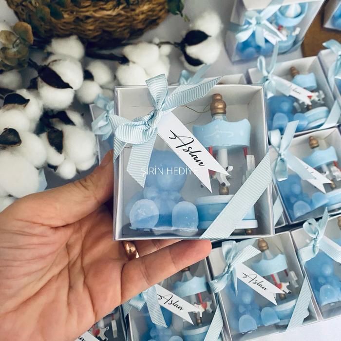 Mavi Ayıcık Mum ve Mavi Ahşap Atlı Karınca Bebek Doğum Günü Hediyelikleri