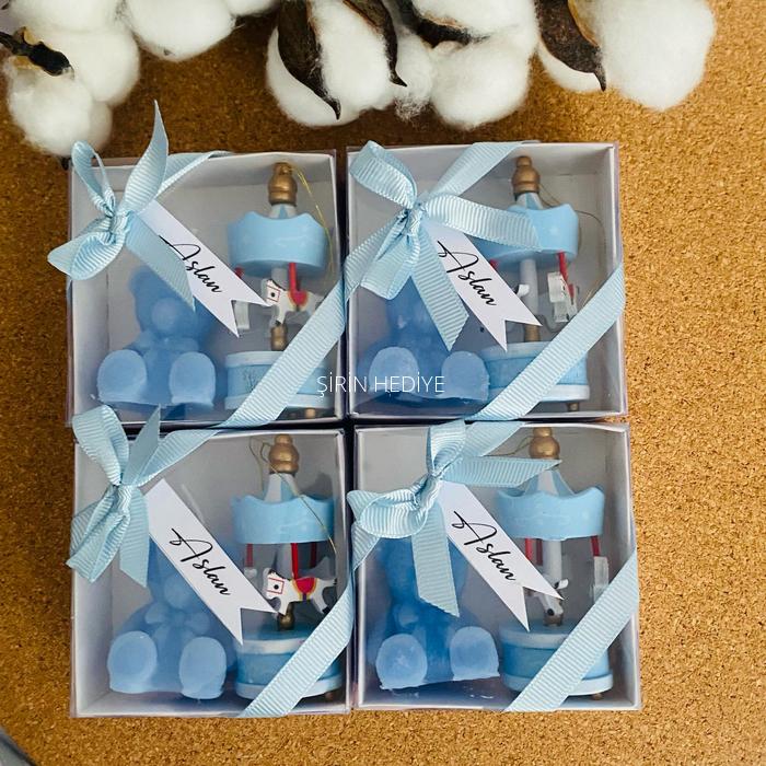 Mavi Ayıcık Mum ve Mavi Ahşap Atlı Karınca Bebek Doğum Günü Hediyelikleri
