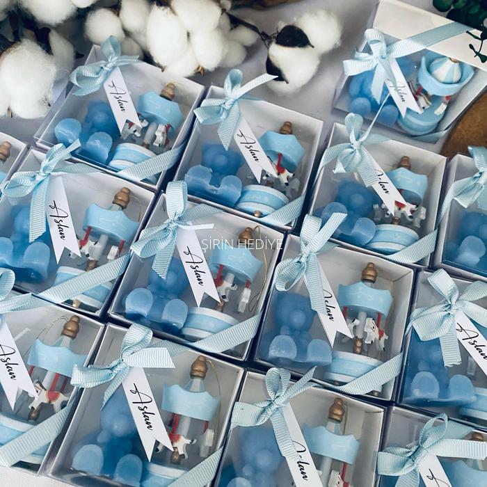 Mavi Ayıcık Mum ve Mavi Ahşap Atlı Karınca Bebek Doğum Günü Hediyelikleri