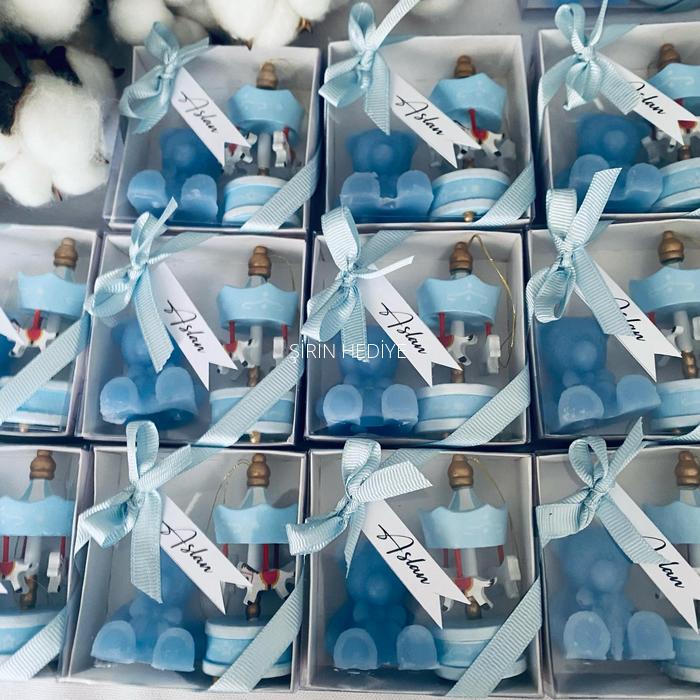 Mavi Ayıcık Mum ve Mavi Ahşap Atlı Karınca Bebek Doğum Günü Hediyelikleri