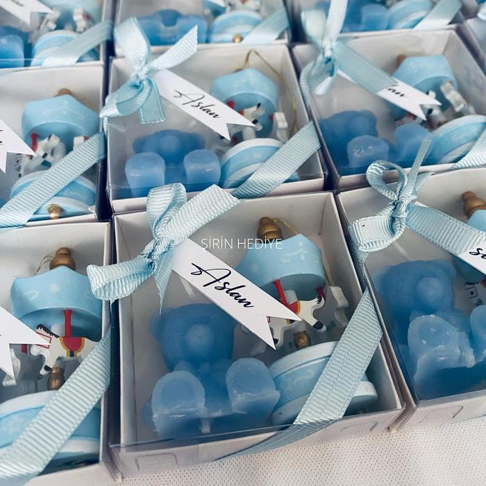 Mavi Ayıcık Mum ve Mavi Ahşap Atlı Karınca Bebek Doğum Günü Hediyelikleri