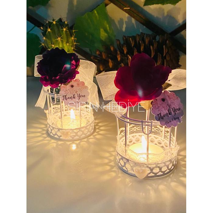Metal Kafes İçinde Çiçekli Mum Nikah Nişan Söz Kına Hediyelikleri