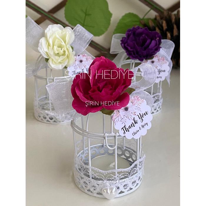 Metal Kafes İçinde Çiçekli Mum Nikah Nişan Söz Kına Hediyelikleri
