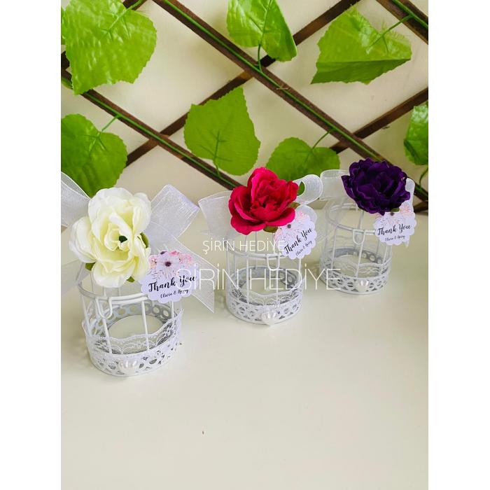 Metal Kafes İçinde Çiçekli Mum Nikah Nişan Söz Kına Hediyelikleri