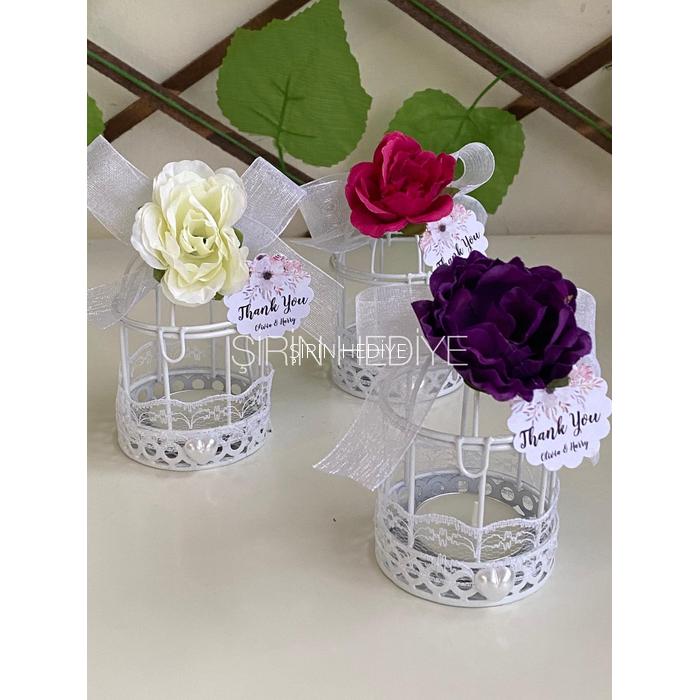 Metal Kafes İçinde Çiçekli Mum Nikah Nişan Söz Kına Hediyelikleri