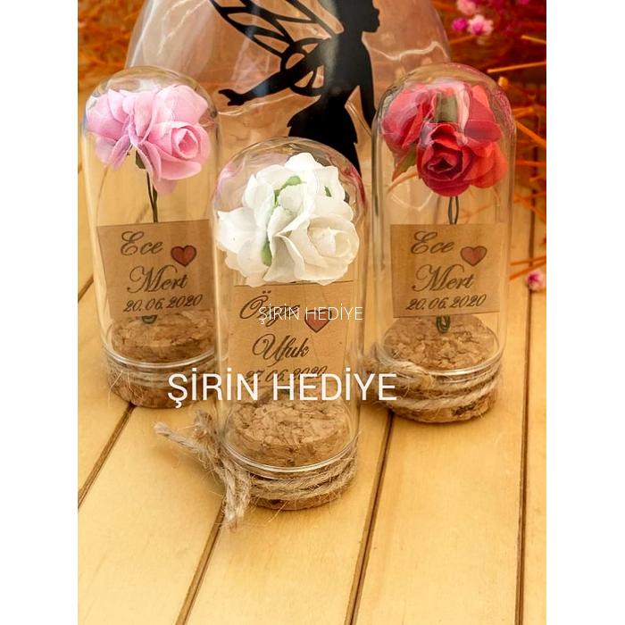 Mini Cam Fanus İçinde Gül Nikah Nişan Söz Bebek Hediyelikleri