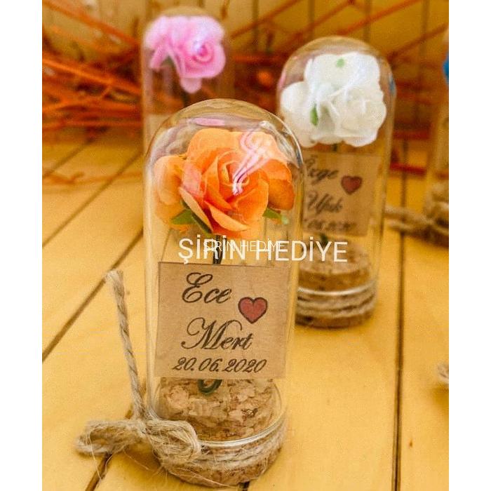 Mini Cam Fanus İçinde Gül Nikah Nişan Söz Bebek Hediyelikleri