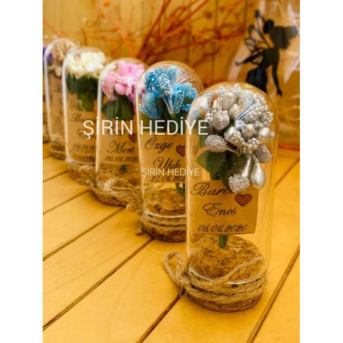 Mini Cam Fanus İçinde İri Cipso Çiçek Nikah Nişan Söz Hediyelikleri