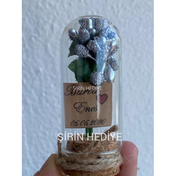 Mini Cam Fanus İçinde İri Cipso Çiçek Nikah Nişan Söz Hediyelikleri