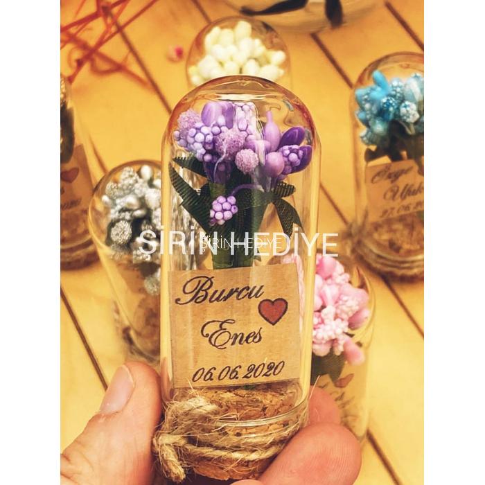 Mini Cam Fanus İçinde İri Cipso Çiçek Nikah Nişan Söz Hediyelikleri