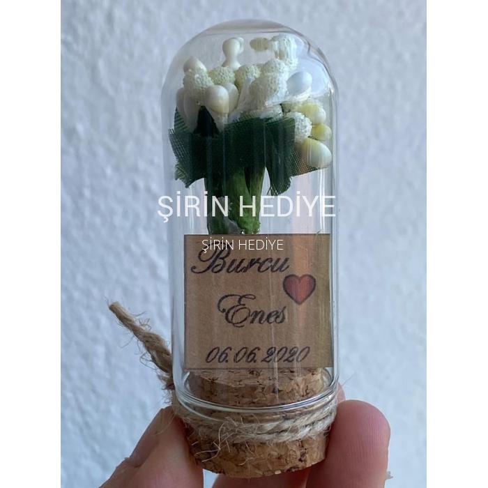 Mini Cam Fanus İçinde İri Cipso Çiçek Nikah Nişan Söz Hediyelikleri
