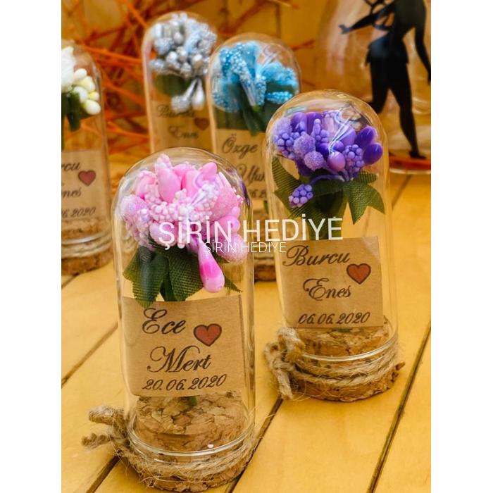 Mini Cam Fanus İçinde İri Cipso Çiçek Nikah Nişan Söz Hediyelikleri