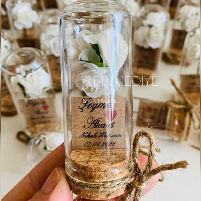 Mini Cam Fanus Tasarım Beyaz Gül Söz Nişan Nikah Hediyelikleri
