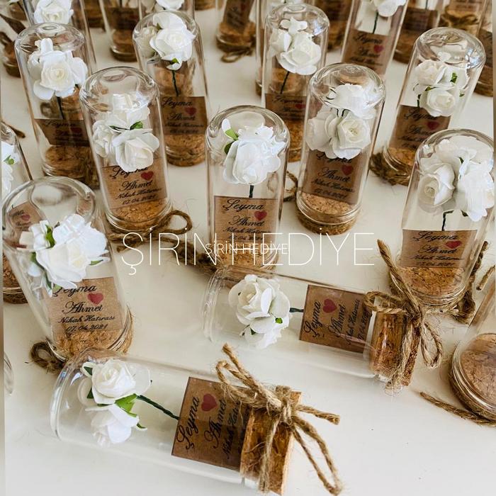 Mini Cam Fanus Tasarım Beyaz Gül Söz Nişan Nikah Hediyelikleri