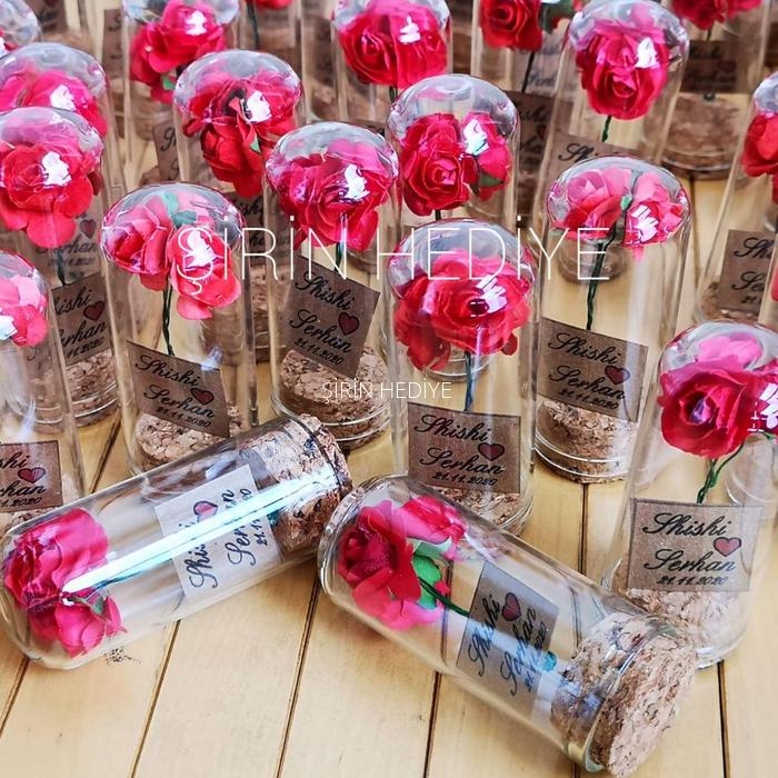 Mini Fanus Tasarım Kırmızı Gül Söz Nişan Nikah Hediyelikleri