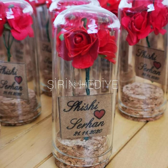 Mini Fanus Tasarım Kırmızı Gül Söz Nişan Nikah Hediyelikleri