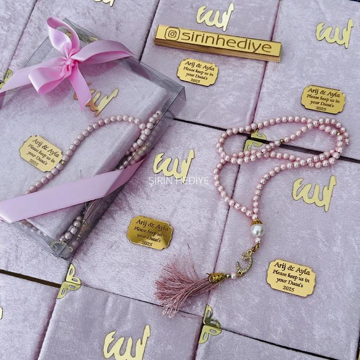 Pembe Renk Asetat Kutuda Kişiye Özel Kadife Yasin Kitabı Tesbih Seti Hediyelikleri