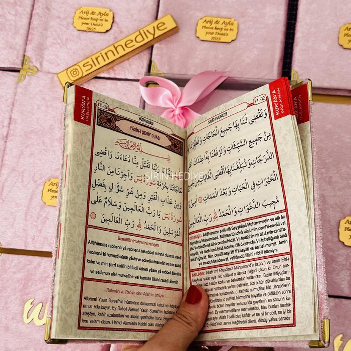Pembe Renk Asetat Kutuda Kişiye Özel Kadife Yasin Kitabı Tesbih Seti Hediyelikleri