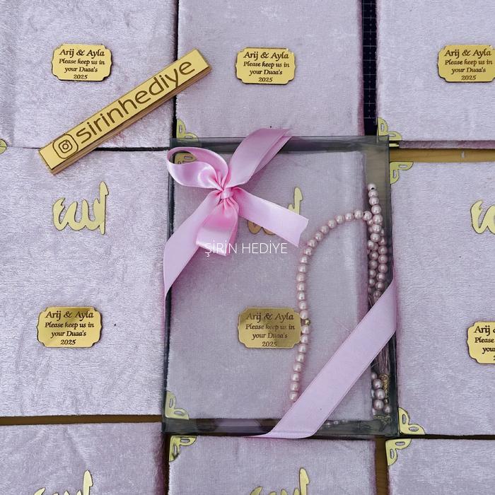 Pembe Renk Asetat Kutuda Kişiye Özel Kadife Yasin Kitabı Tesbih Seti Hediyelikleri