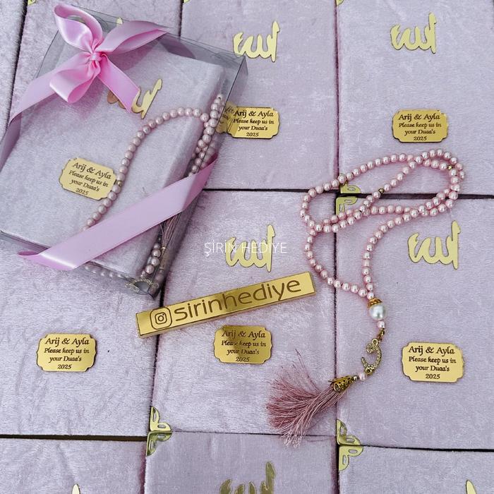 Pembe Renk Asetat Kutuda Kişiye Özel Kadife Yasin Kitabı Tesbih Seti Hediyelikleri