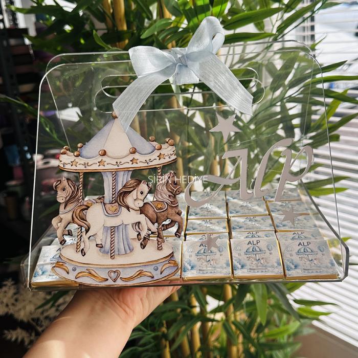 Pleksi Çanta İçinde Atlı Karınca Konsept  50 adet Çikolata Hediyelik Mavi