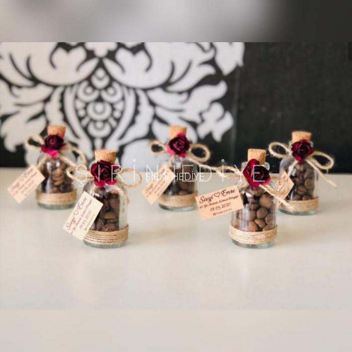 Şişede Çiçekli Kahve Çekirdekli Nikah Nişan Düğün Kına Hediyelikleri