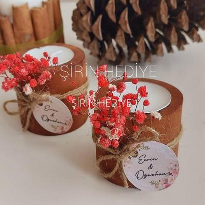 Yuvarlak Doğal Kütük Çiçekli Tealight Mumluk Hediyelik
