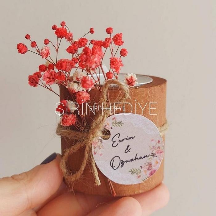 Yuvarlak Doğal Kütük Çiçekli Tealight Mumluk Hediyelik